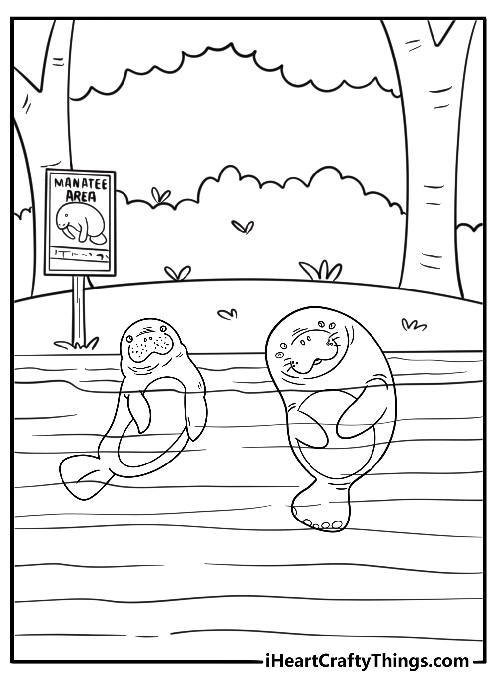 Manatee in a nature reserve with signs coloring sheet