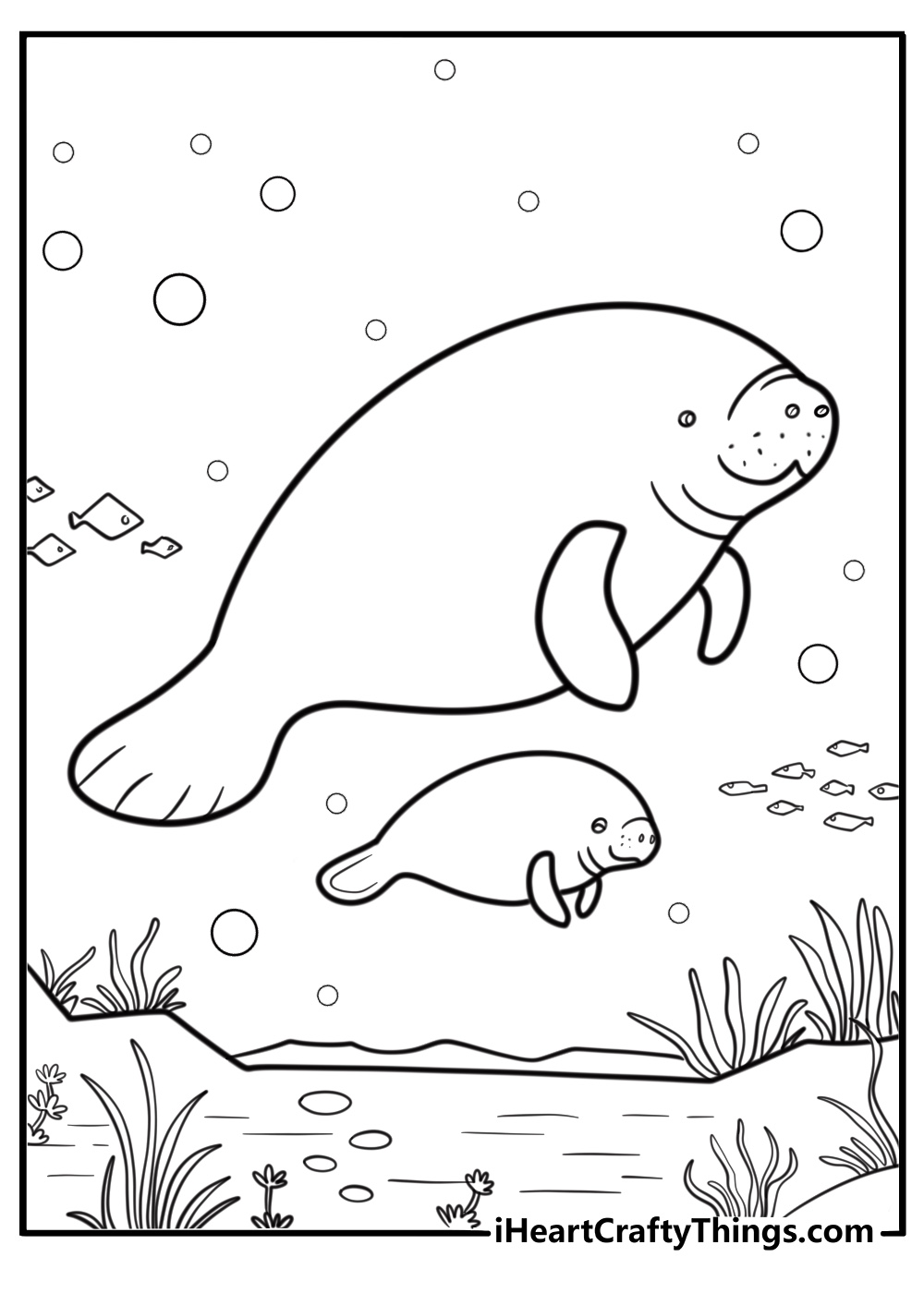Manatee mother with baby underwater coloring sheet