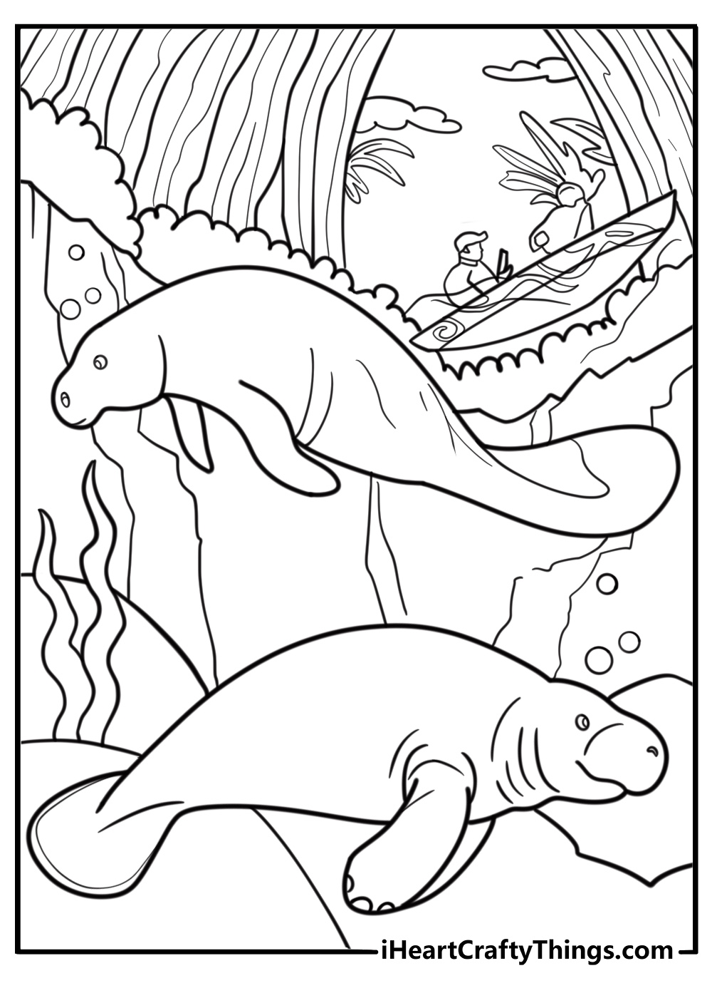 Manatee near a boat in the water coloring page for kids