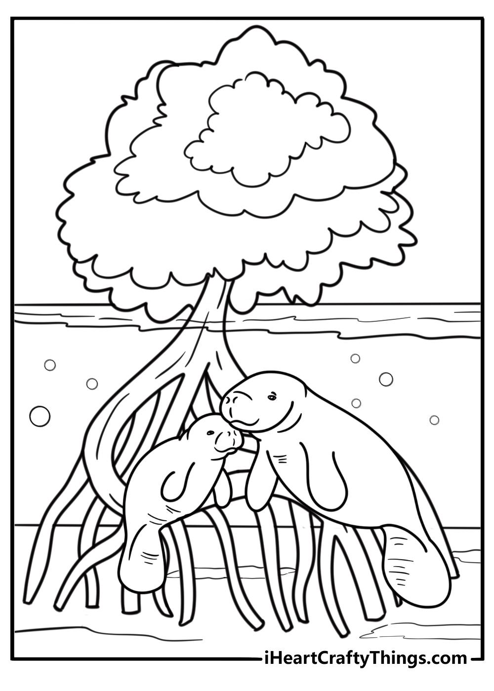 Manatee near mangrove roots free printable coloring page