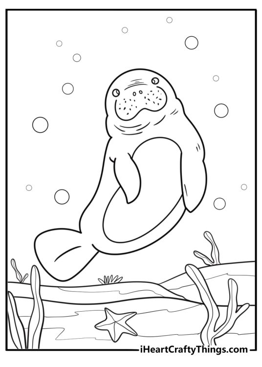 Manatee swimming alone in deep water free coloring page