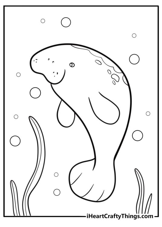 Manatee swimming in the ocean coloring page for kids