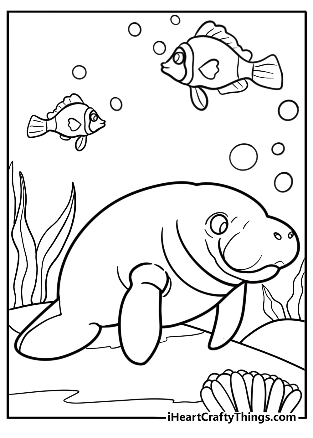 Manatee swimming with fish printable coloring sheet