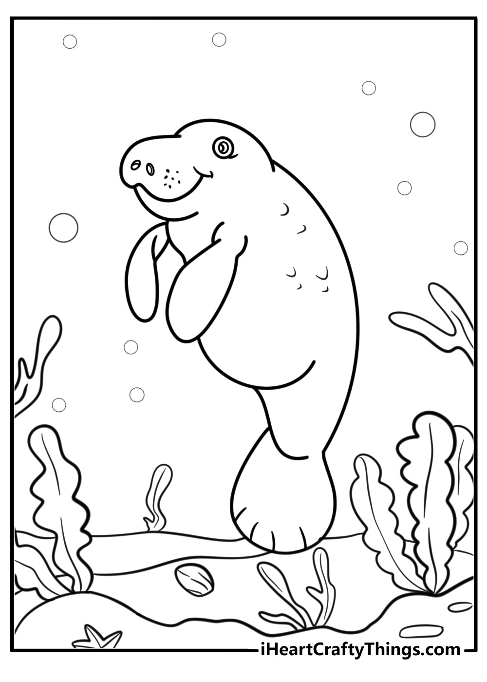 Manatee underwater with aquatic plants coloring sheet