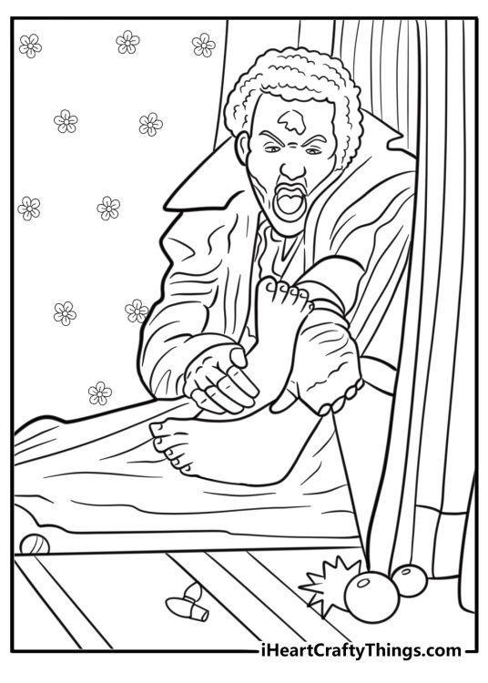 Marv stepping on glass ornaments in bare feet coloring sheet