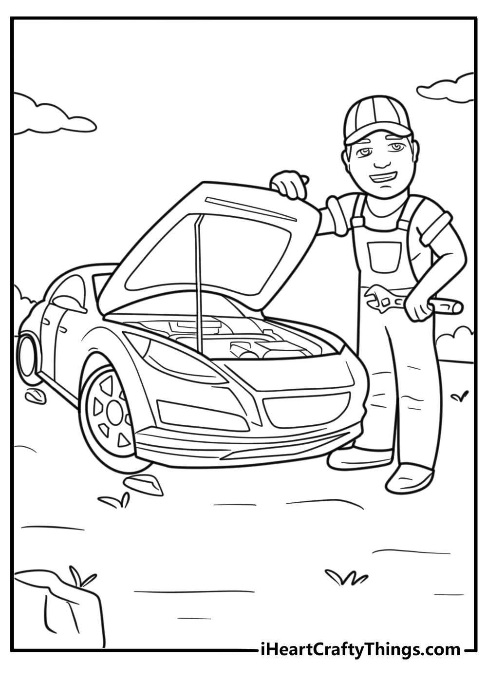 Mechanic working on a car detailed coloring sheet