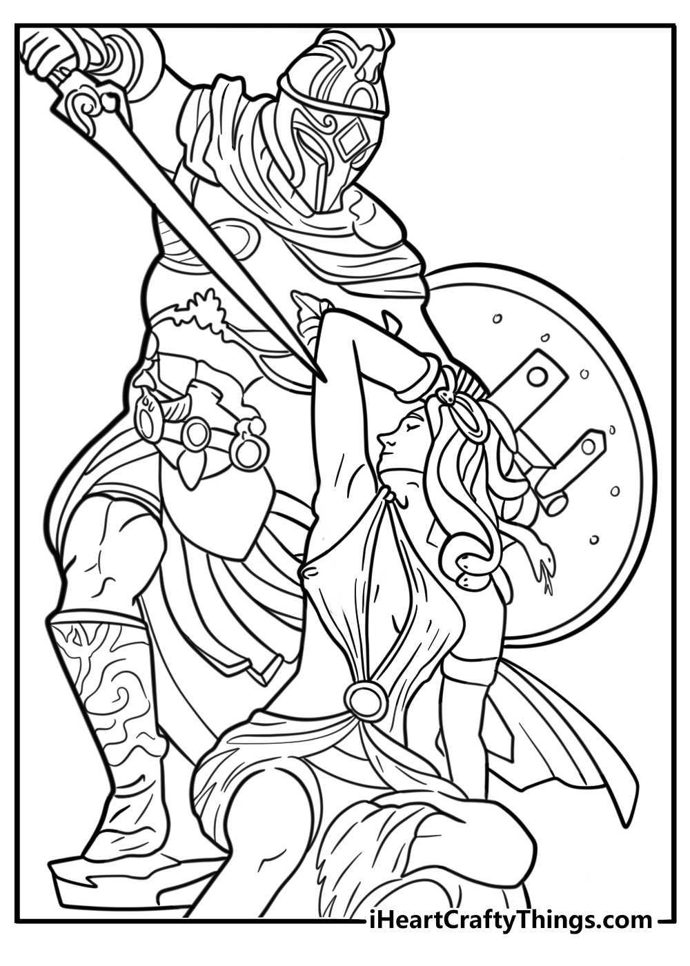 Medusa and Perseus standing apart coloring sheet