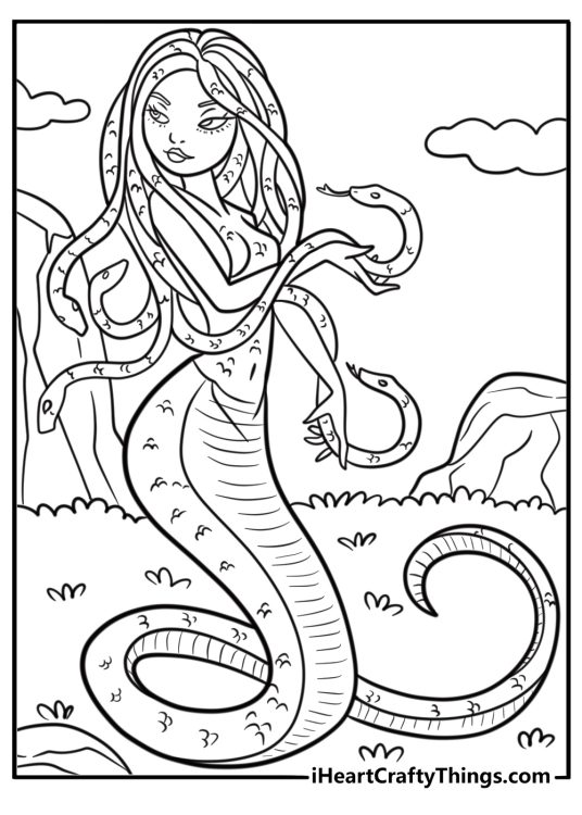 Medusa crawling with snakes around her arms coloring sheet