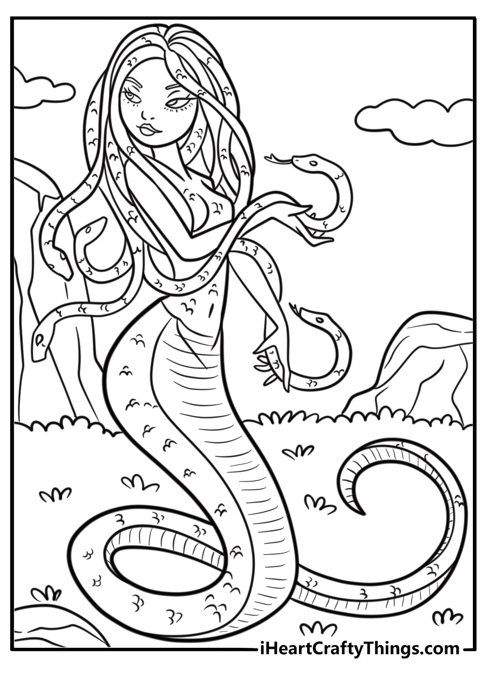 Medusa crawling with snakes around her arms coloring sheet