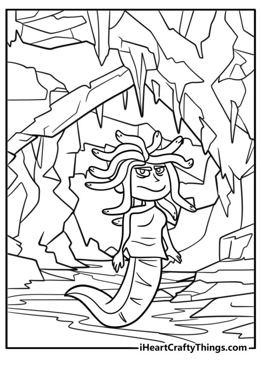 Medusa hiding in a dark cave printable coloring sheet