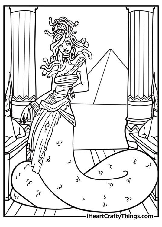Medusa in ruins with broken columns coloring page
