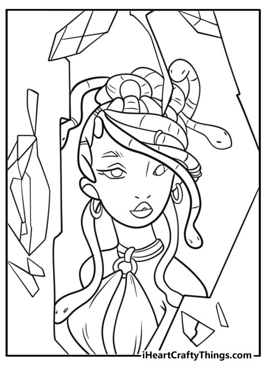 Medusa looking into a broken mirror coloring page