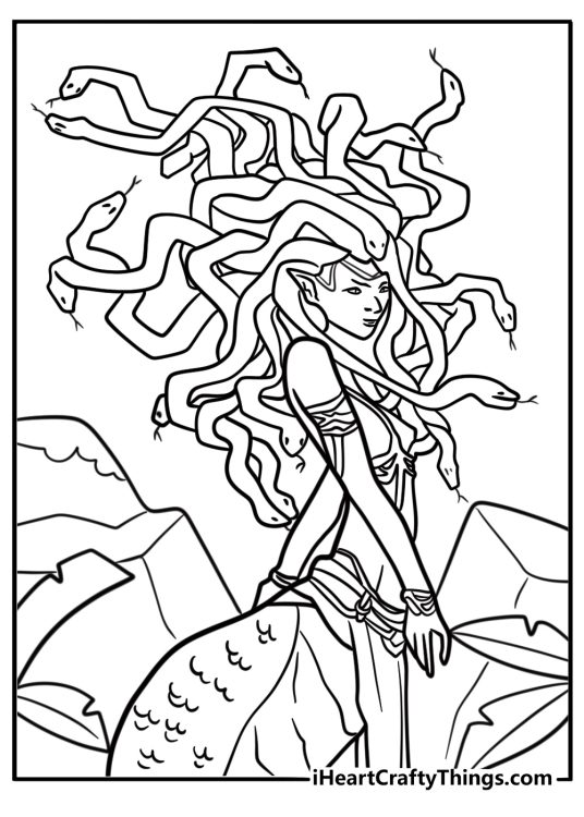 Medusa surrounded by snakes on a mountain coloring page