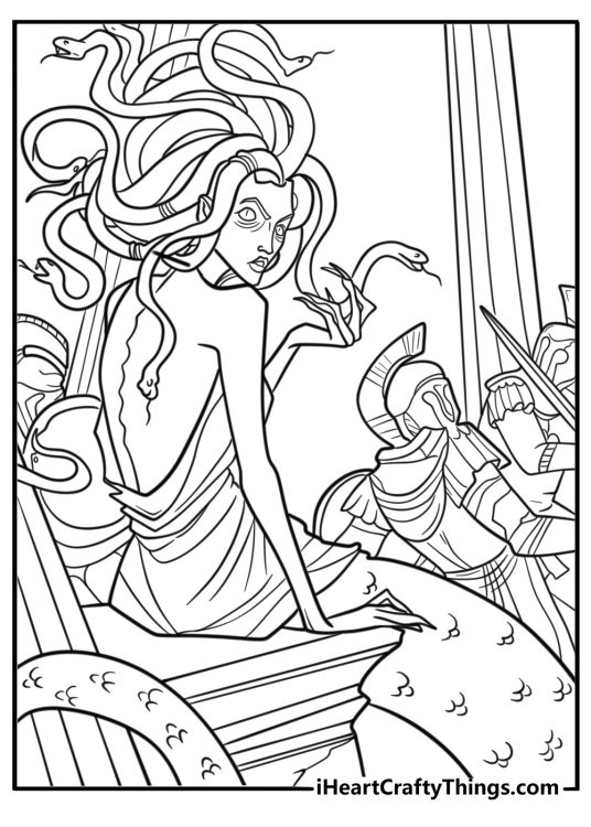 Medusa turning a man into stone easy coloring sheet