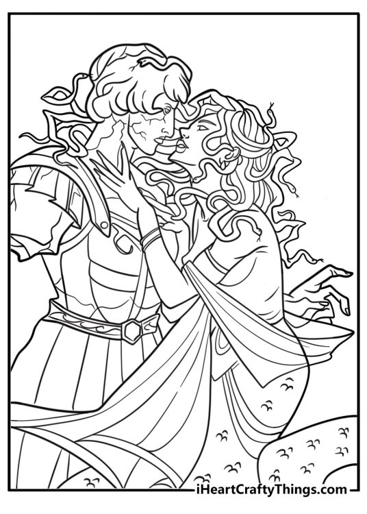 Medusa with sharp claws and glowing eyes coloring page