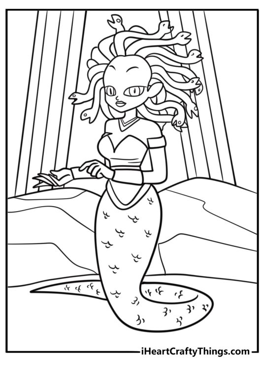 Medusa with wild snake hair in the wind coloring page