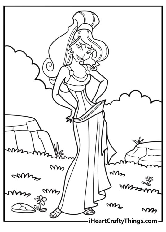 Megara standing with hands on hips in a flowing dress coloring page