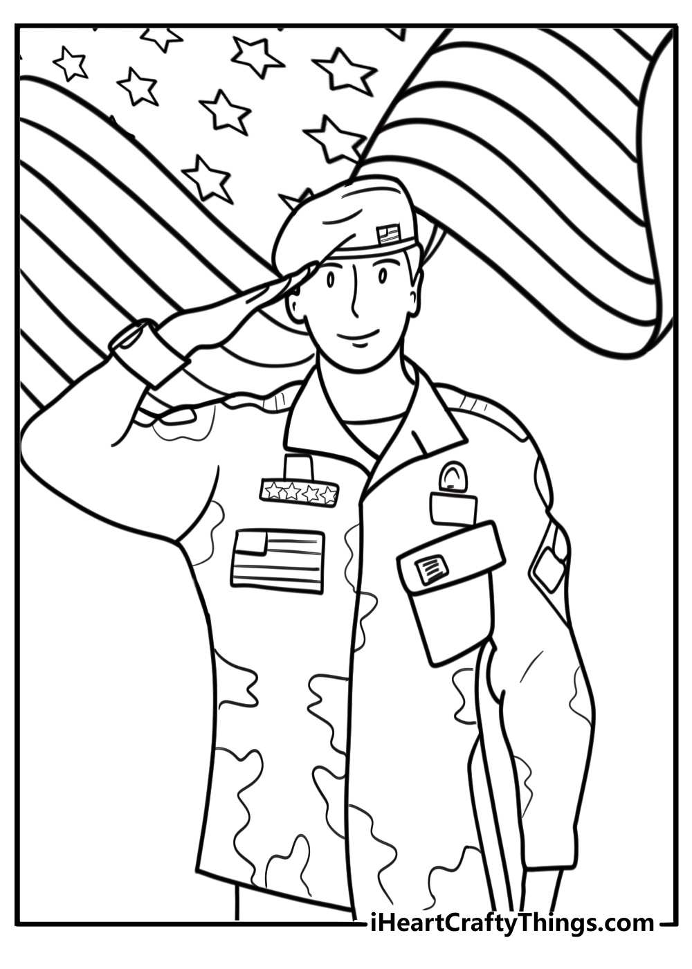 Military personnel saluting with flag free printable coloring page