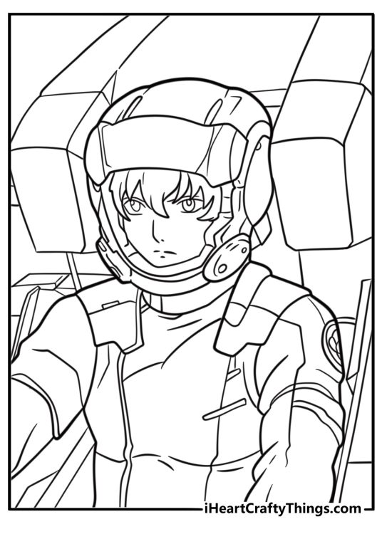 Mobile suit cockpit view with pilot inside coloring sheet