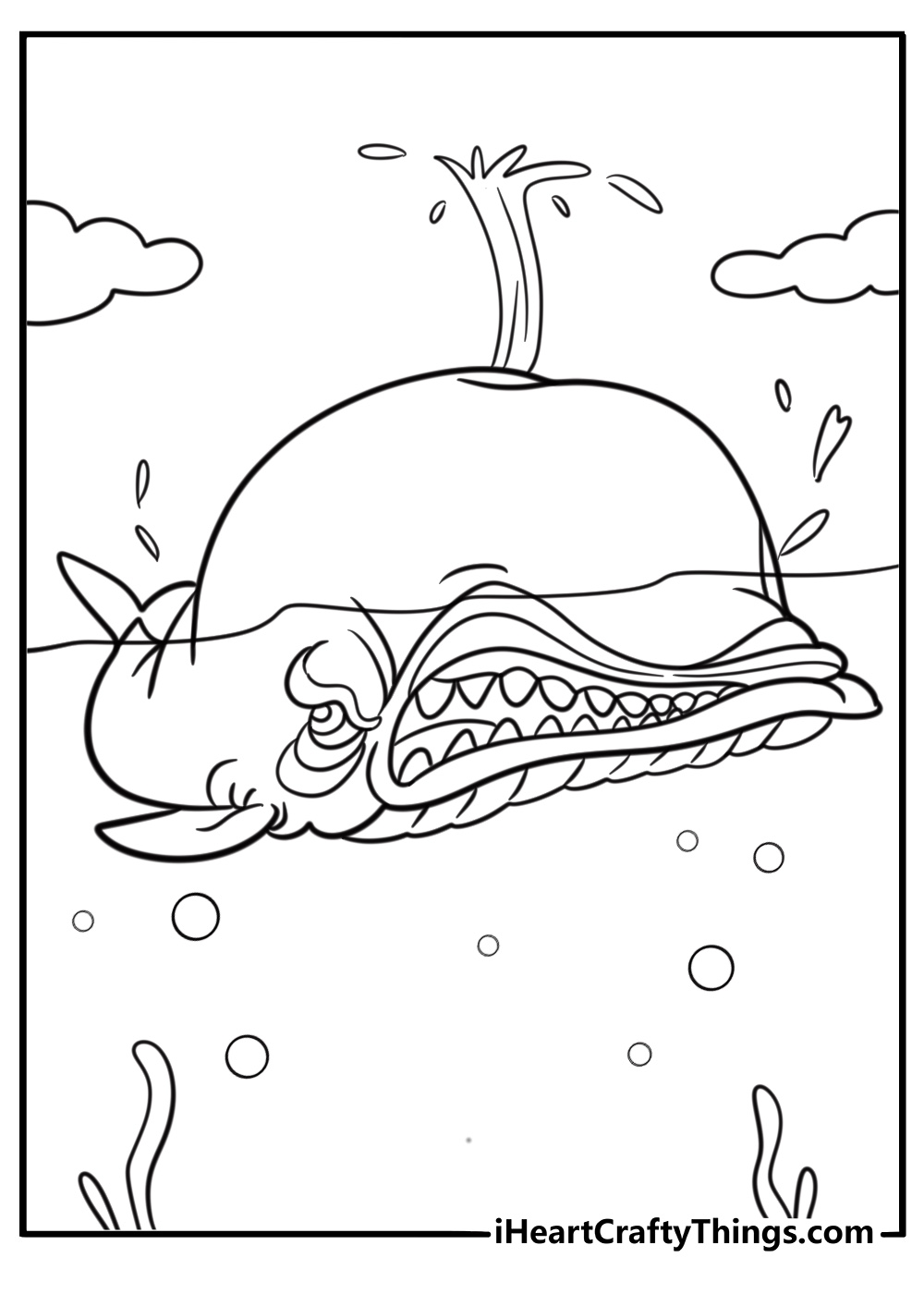 Monstro the whale rising from the ocean coloring page
