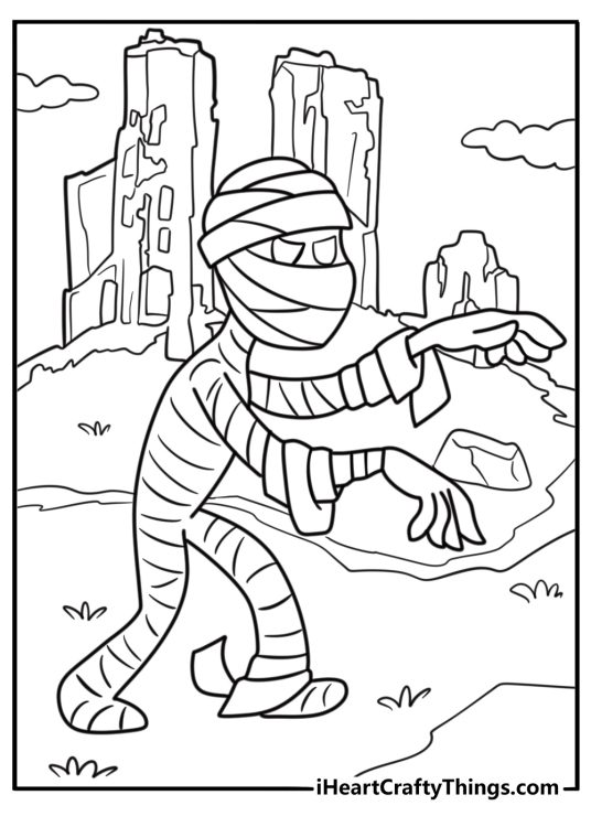 Mummy climbing out of a burial pit coloring sheet