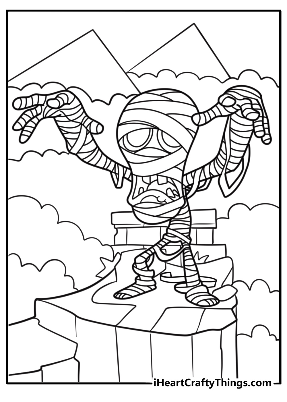 Mummy head emerging from cracked ground coloring page