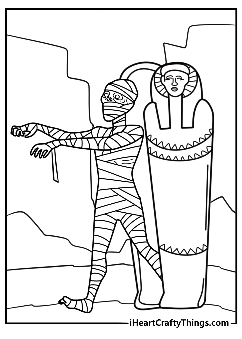 Mummy hiding in ancient ruins coloring page