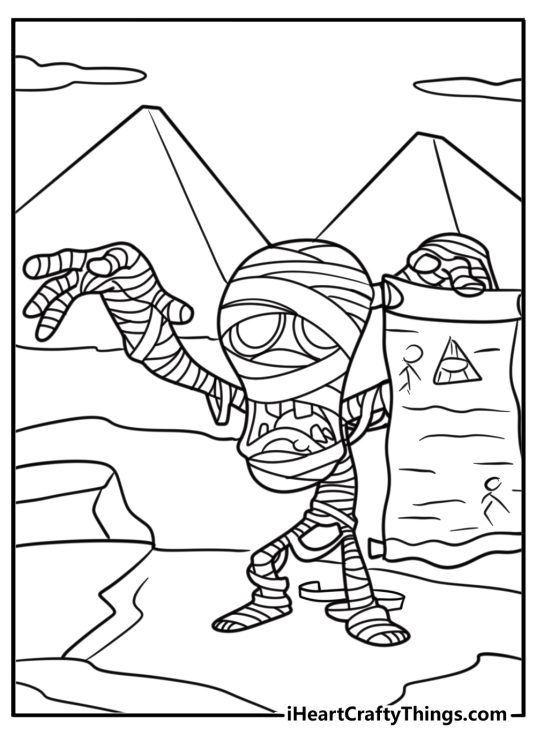 Mummy holding an ancient scroll coloring page