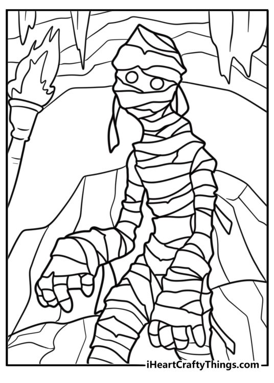 Mummy standing near a burning torch coloring page