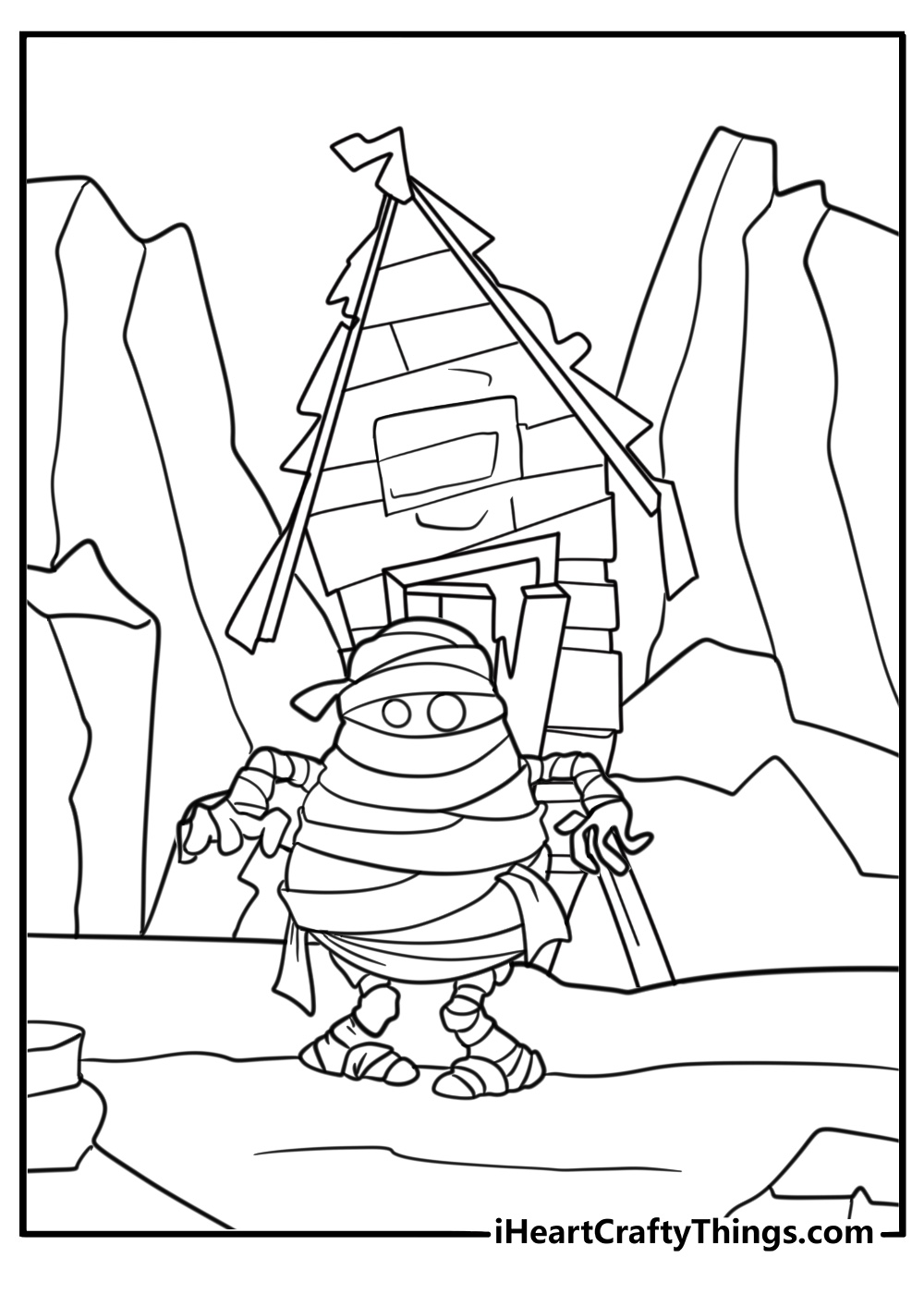 Mummy walking on broken temple floor coloring sheet