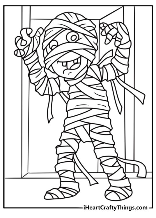 Mummy walking through a dark tomb coloring page