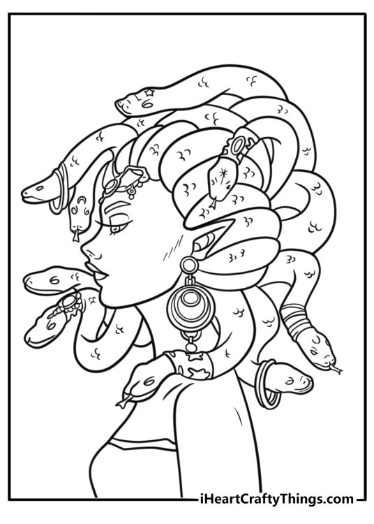 Mythical Medusa with large fangs coloring sheet