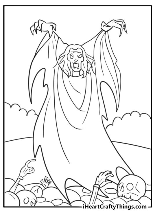 Necromancer raising skeletons from the ground coloring page