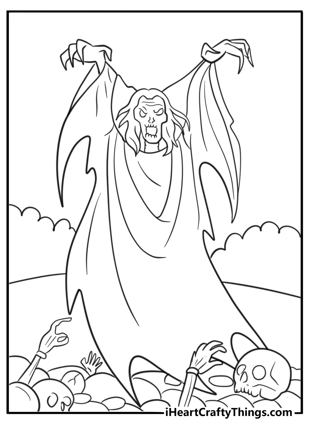 Necromancer raising skeletons from the ground coloring page