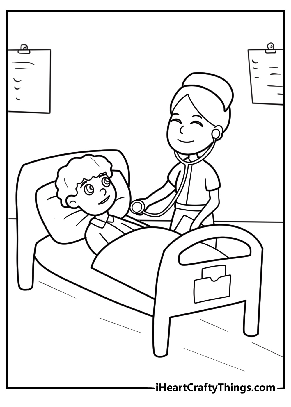 Nurse caring for a patient in clinic coloring sheet