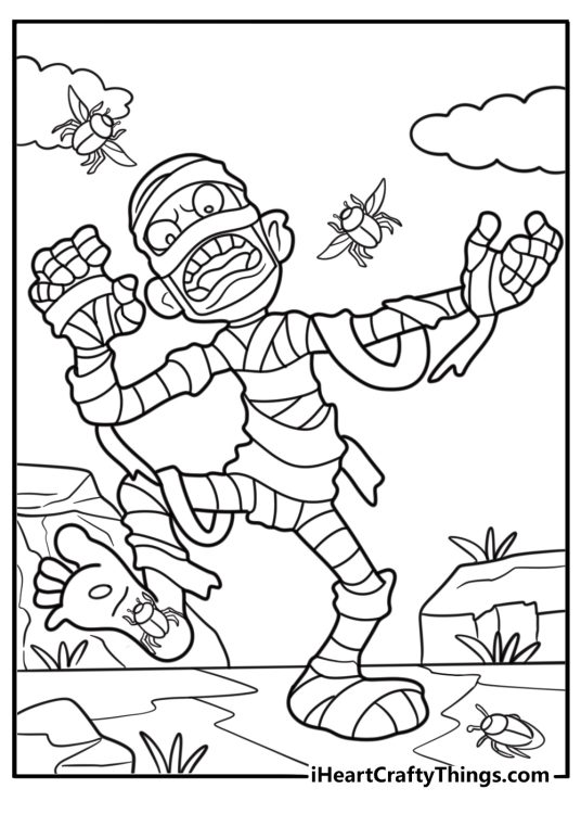 Old mummy surrounded by scarab beetles coloring sheet