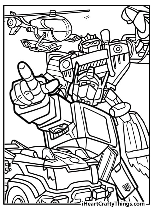 Optimus Prime guiding the Rescue Bots coloring page