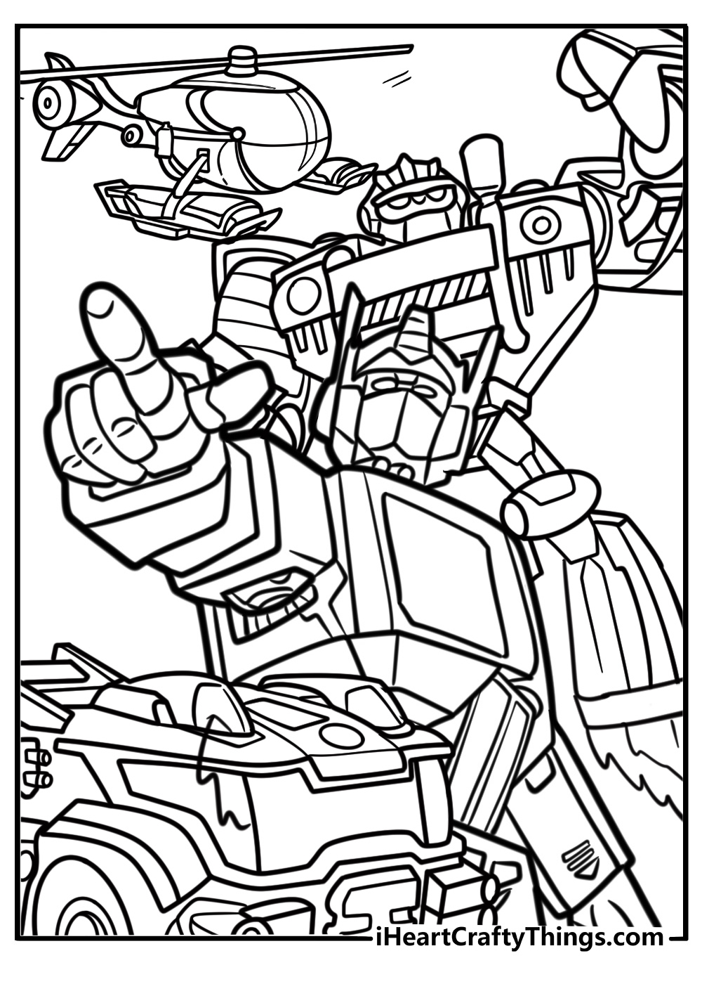 Optimus Prime guiding the Rescue Bots coloring page