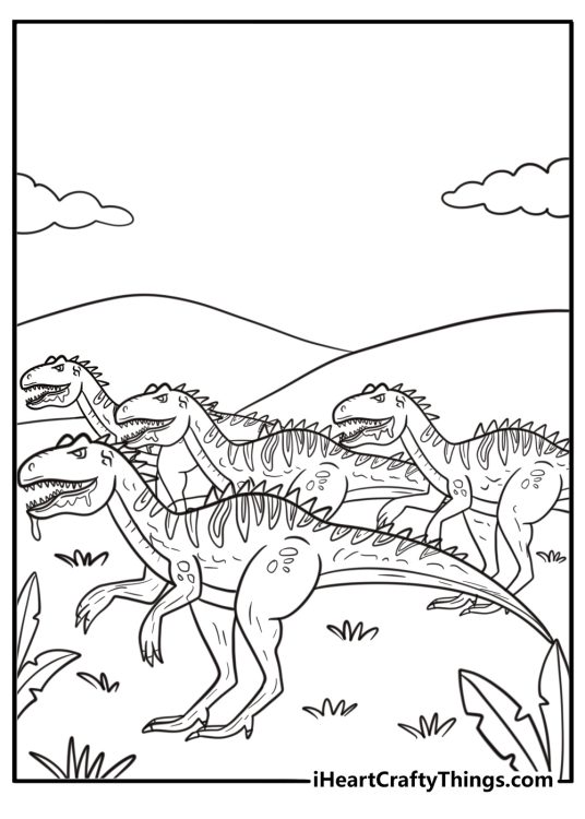Pack of Allosauruses hunting together in a group coloring page