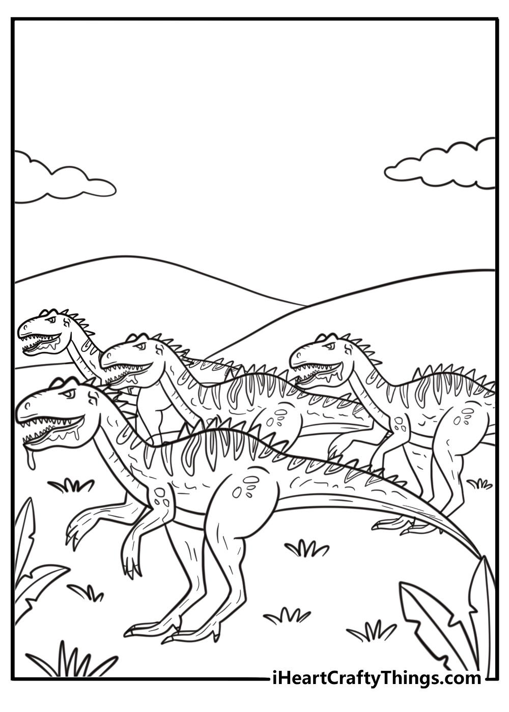 Pack of Allosauruses hunting together in a group coloring page