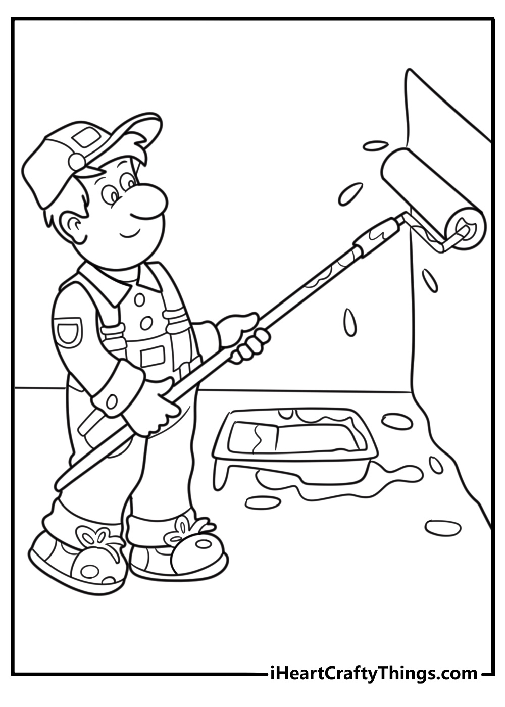 Painter with paint roller working on a wall coloring sheet
