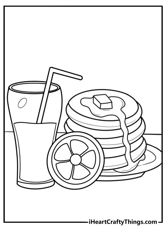 Pancakes next to a glass of orange juice printable coloring page