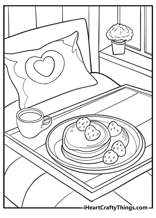 Pancakes on a breakfast tray in bed printable coloring page