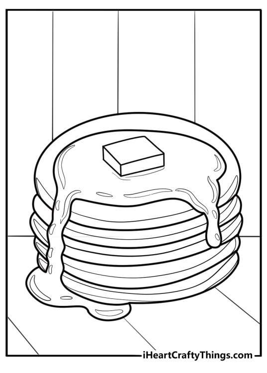 Pancakes with a pat of butter sliding off coloring page