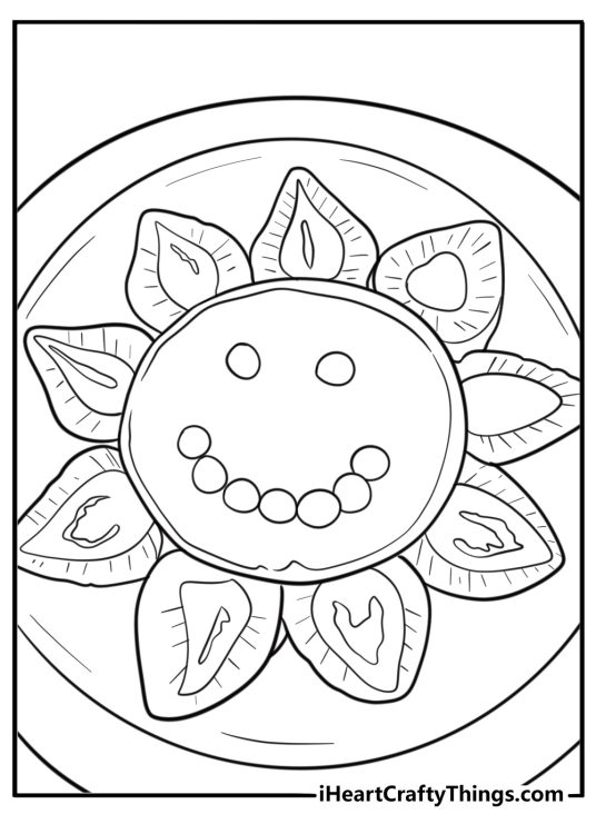 Pancakes with faces in a kids cooking coloring page