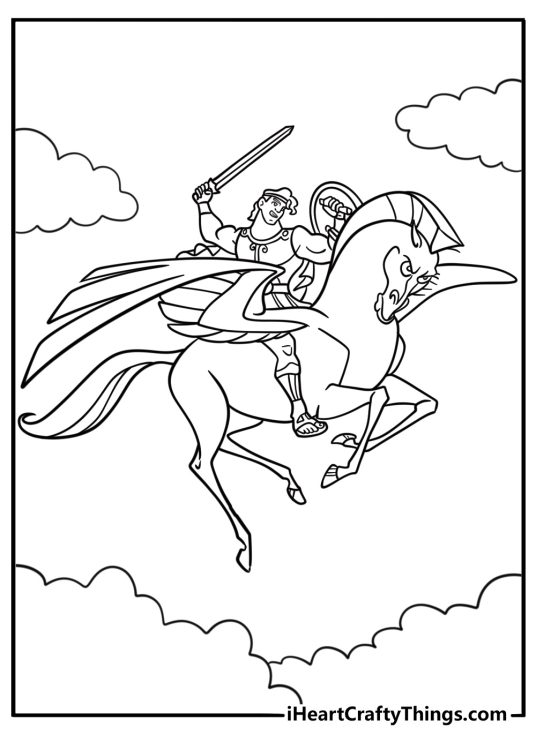 Pegasus flying through the clouds with Hercules on his back coloring sheet
