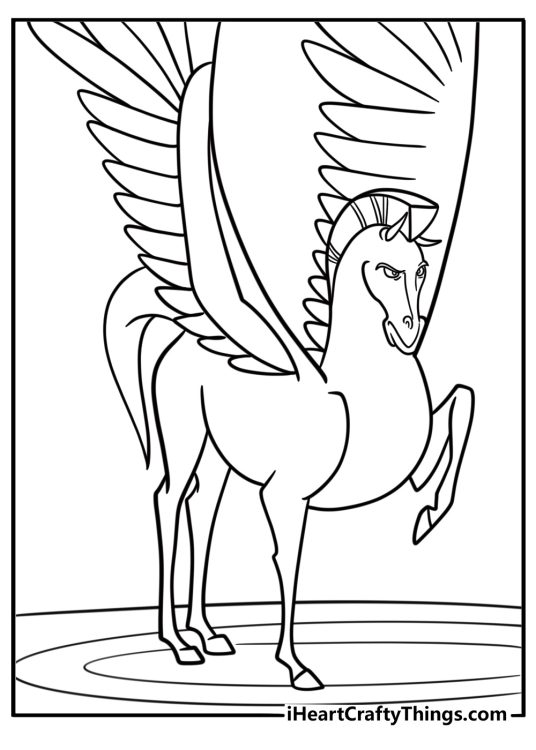Pegasus standing proudly with wings spread coloring sheet