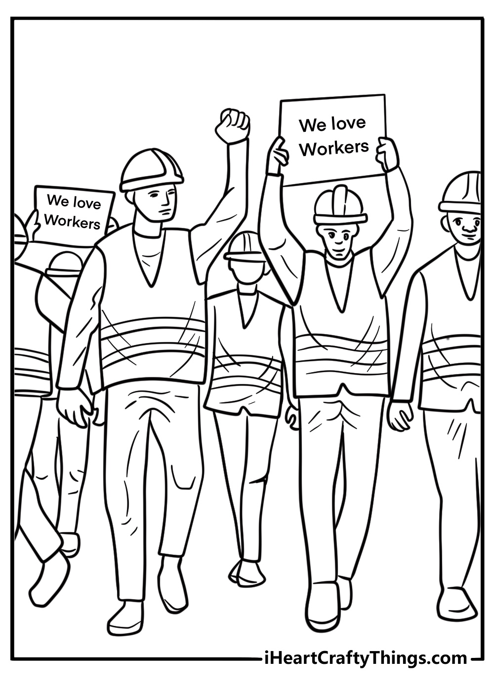 People marching with We Love Workers signs coloring sheet
