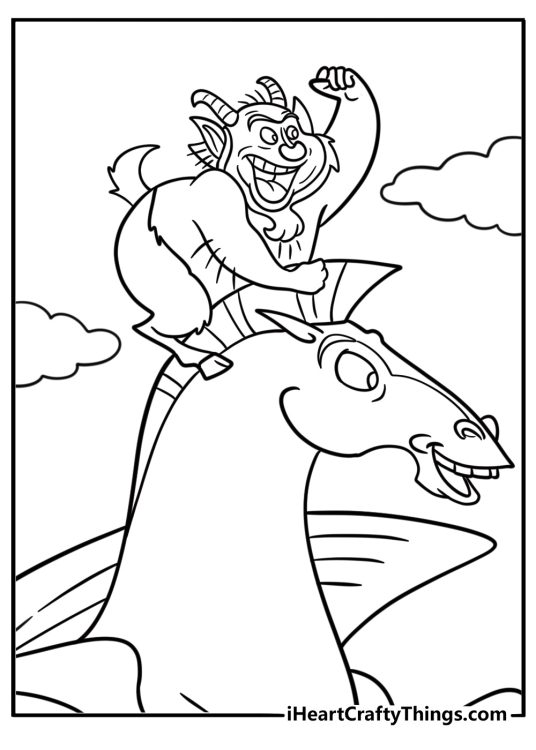 Phil riding Pegasus and shouting commands coloring sheet