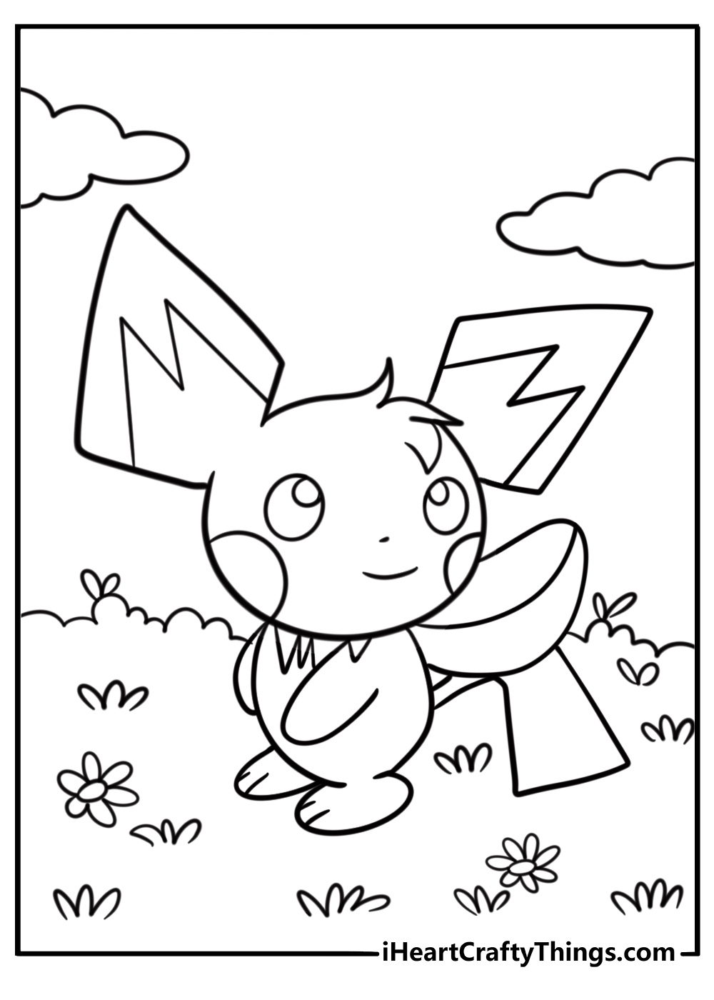 Pichu exploring a forest path coloring page